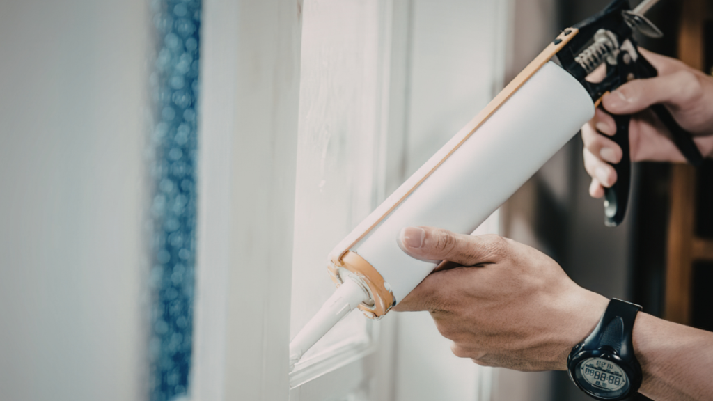 Close-up of a person applying caulk along a window trim joint using a caulk gun, with blue tile visible on the adjacent wall.