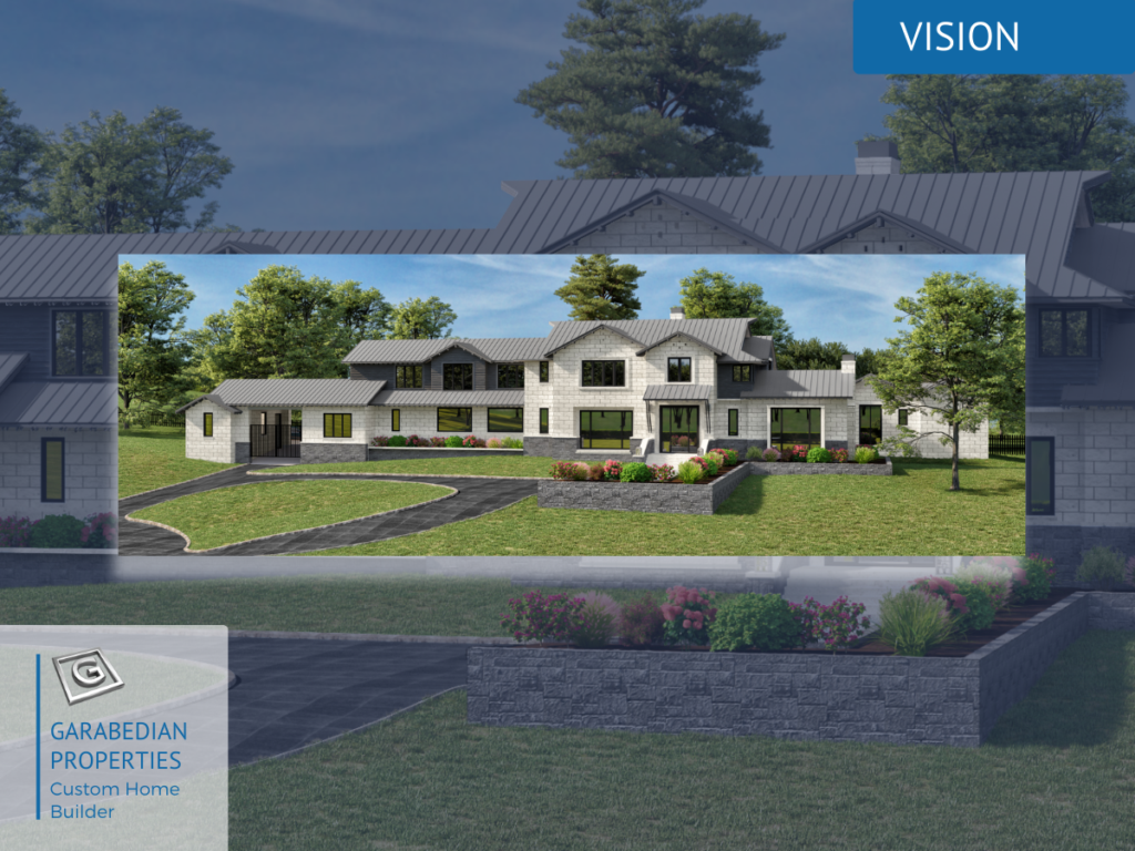 Conceptual 3D rendering illustrating the full exterior vision of a Garabedian Properties custom home, highlighting massing, window placement, and architectural proportions prior to construction.