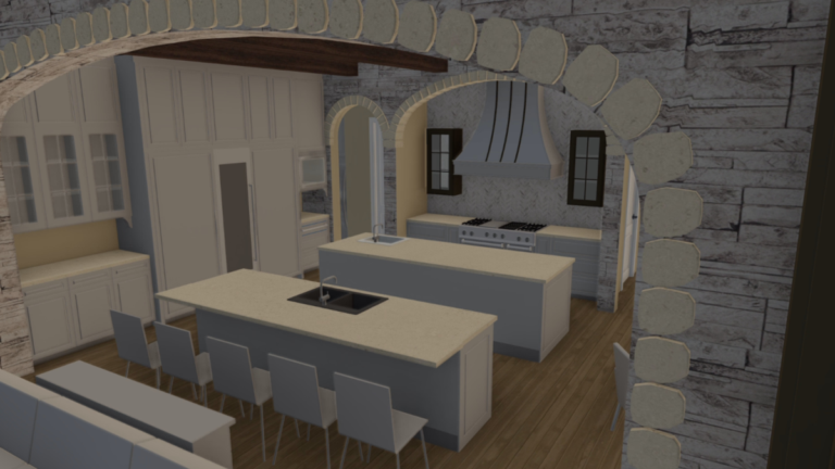 Rendering of custom home with mock-up of furniture inside kitchen.