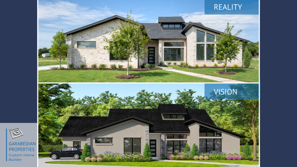 Side-by-side comparison showing the architectural vision 3D rendering and the completed custom luxury home, demonstrating Garabedian Properties’ ability to translate design intent into built reality.