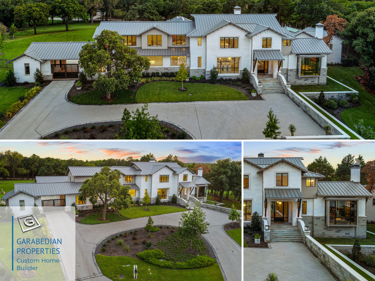 Completed luxury custom home built by Garabedian Properties, featuring stone exterior, metal roof, refined landscaping, and cohesive architectural detailing photographed at dusk.