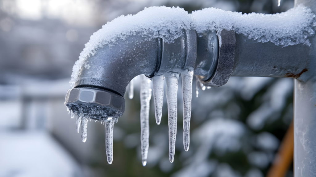 Exterior metal pipe with visible ice buildup, illustrating the risk of frozen plumbing during extreme winter temperatures.