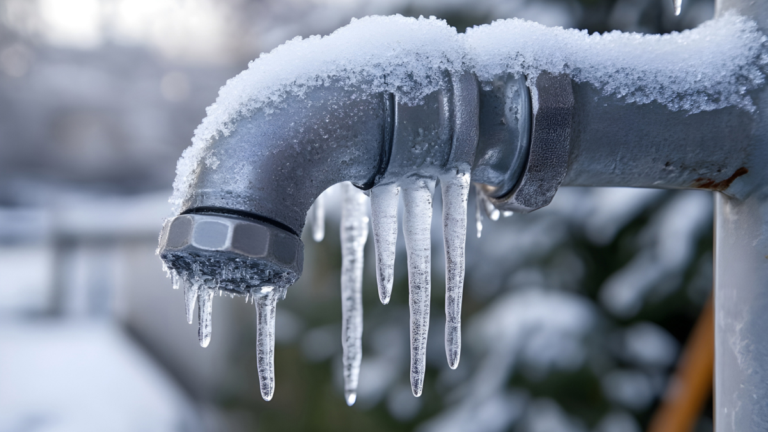 Exterior metal pipe with visible ice buildup, illustrating the risk of frozen plumbing during extreme winter temperatures.