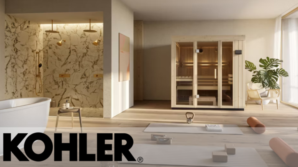 Wellness-focused bathroom with marble shower, freestanding tub, and an integrated sauna