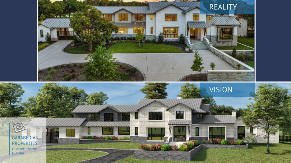 Side-by-side comparison showing the architectural vision rendering and the completed custom luxury home, demonstrating Garabedian Properties’ ability to translate design intent into built reality.