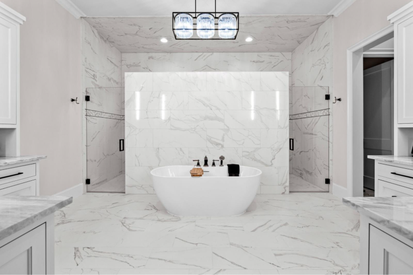 Inside luxury white marble bath in North Keller Estate.