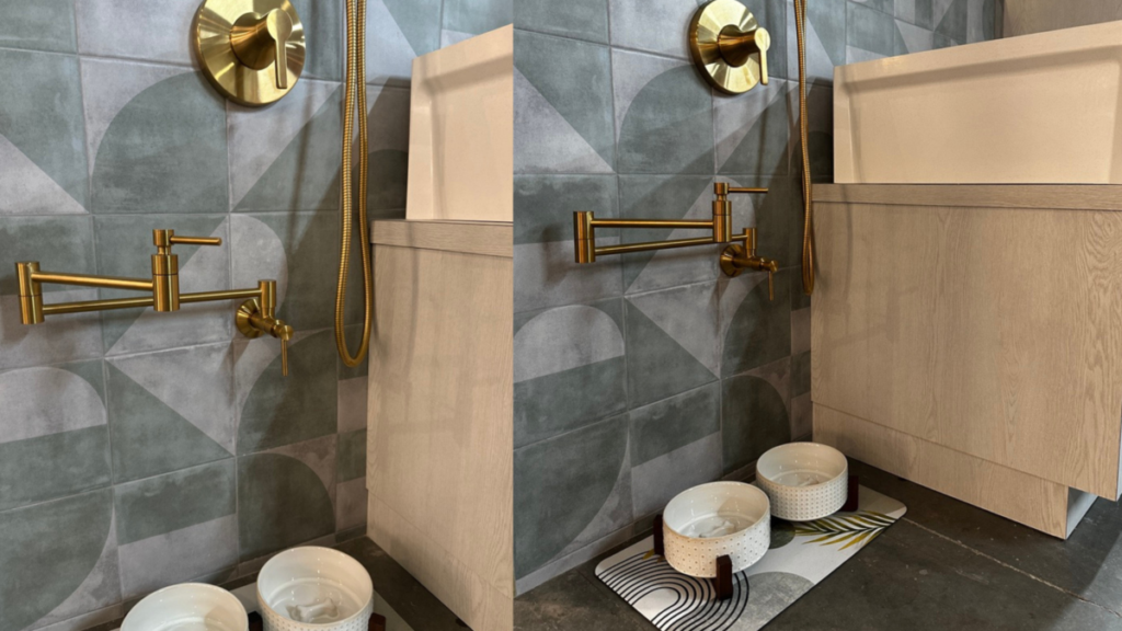 Low-mounted pot filler paired with custom cabinetry and dual dog bowls, demonstrating a functional pet care solution integrated into the home’s design.
