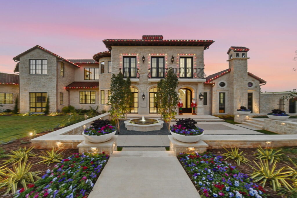 Front entry terrace of a luxury custom home located in Quail Hollow Estates in Westlake.
