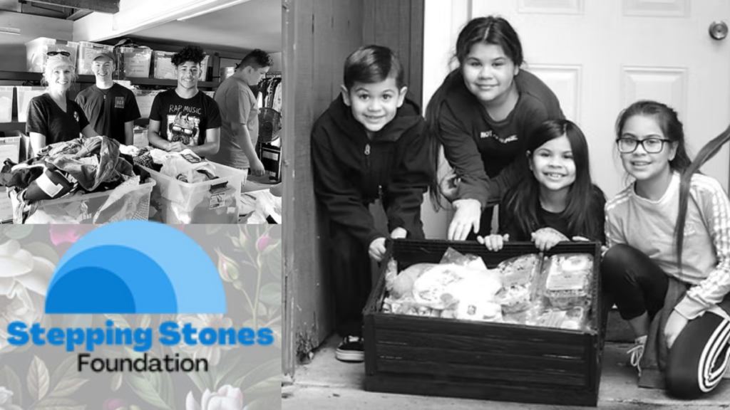 Black and white photos of The Stepping Stones Foundation helping youth in crisis in Keller, Texas with a blue Stepping Stones logo in the left corner.