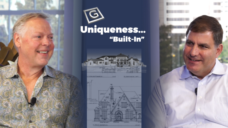 Clay Nelson of C.A. Nelson Architecture Group on the podcast set of Uniqueness... "Built-In" in Dallas, Texas, with a photo of an expert estate architecture plans.