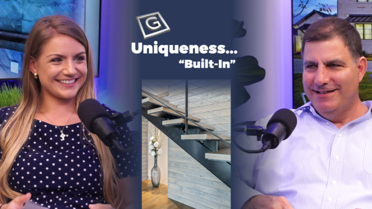 Cassidy Trahey and Mike Garabedian on the podcast set of Uniqueness... "Built-In" in Southlake, Texas, with a photo of a luxury staircase indicating the steps to take to design a custom home.