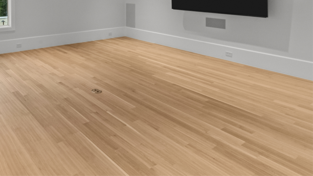 Light natural hardwood flooring installed in a modern interior room with white walls, built-in speakers, and a large wall-mounted television.