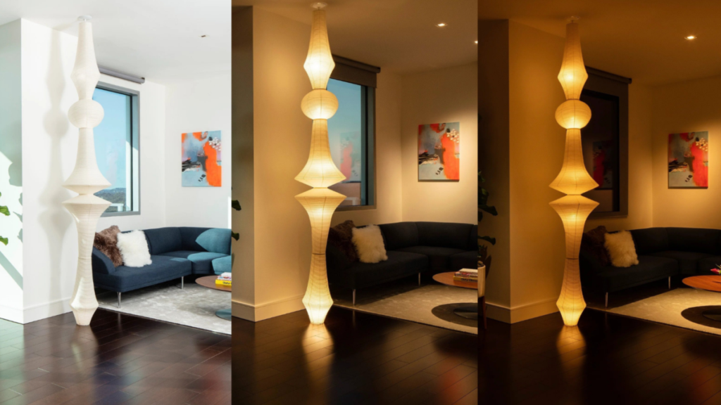 Ketra smart home lighting changing throughout the day from bright to warm glow.