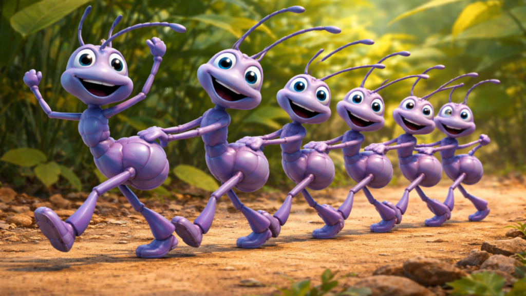 Cartoon photo of ants in a conga line in an outdoor environment.