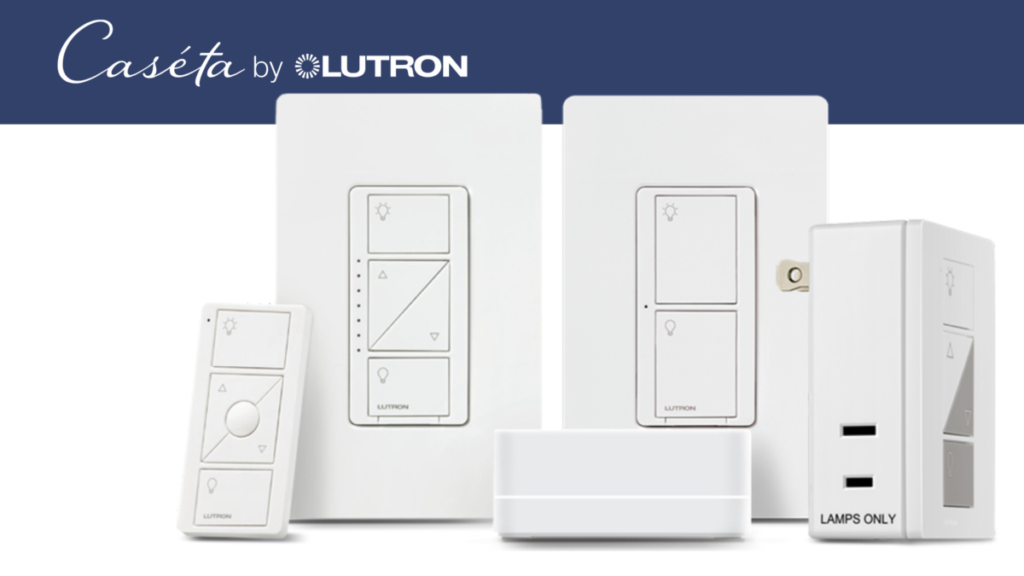 Lutron Caséta smart lighting system devices including switches, remote, and plug-in modules.