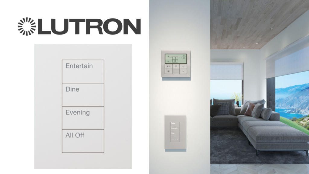 Lutron lighting control keypad with entertain, dine, evening, and all off scene buttons in modern home.