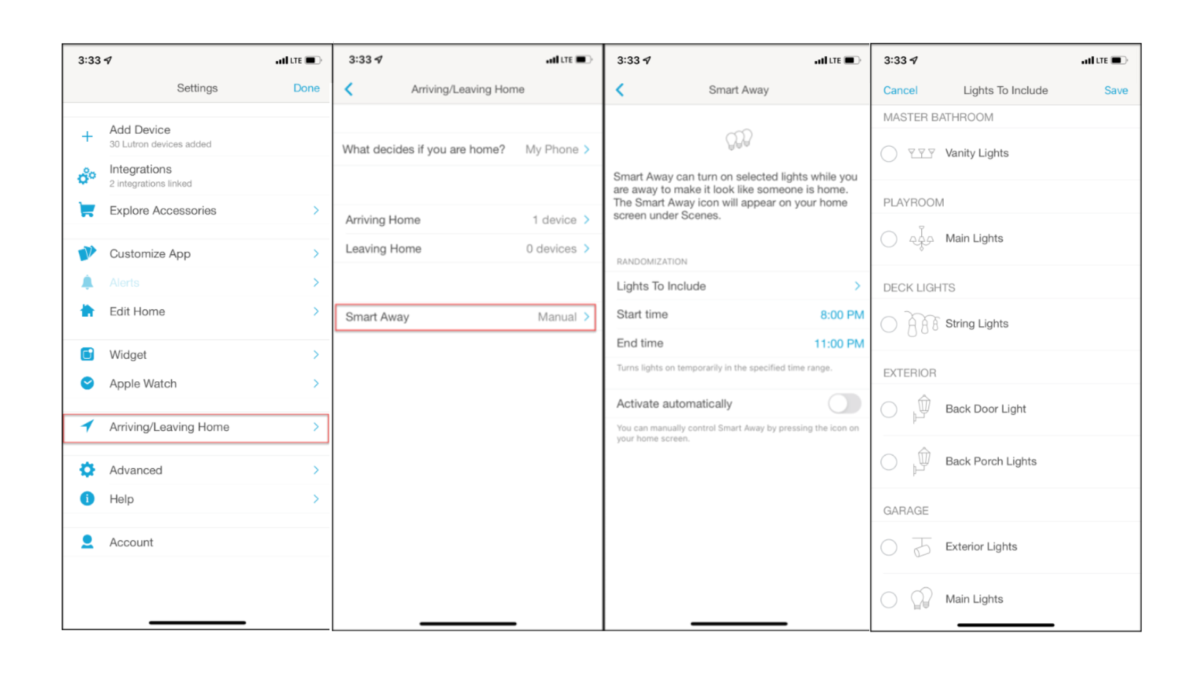 Lutron smart home app showing Smart Away vacation mode settings for automated lighting schedules and security control.