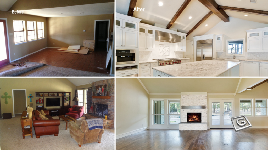 Garabedian Properties before-and-after renovation contrasting a dim, tile-floored interior under demolition and a cluttered brick-fireplace living room against the finished result: a luminous chef's kitchen with vaulted beam ceilings and quartzite island, and an airy great room anchored by a sleek whitewashed stone fireplace flanked by expansive French doors.