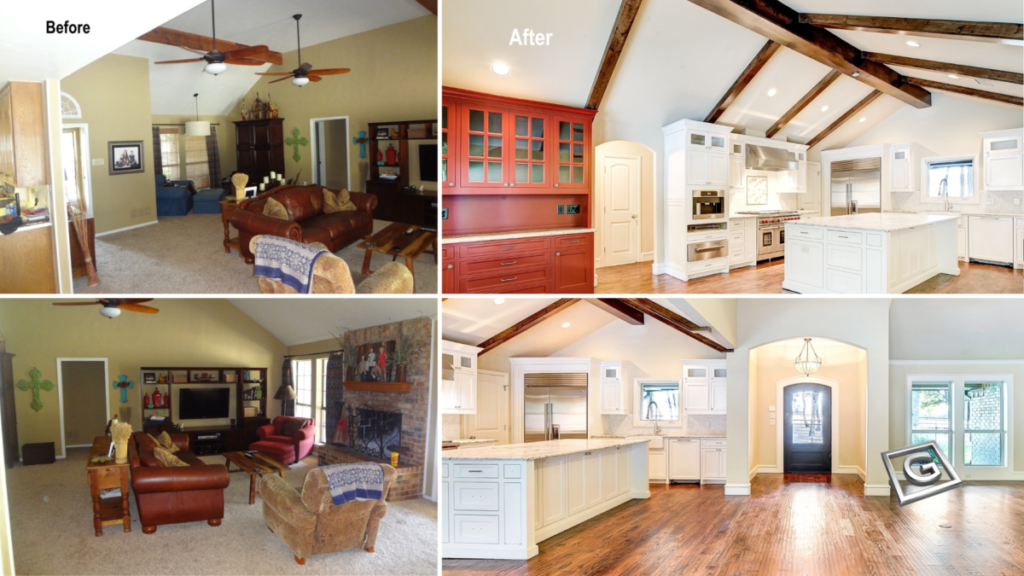 Garabedian Properties before-and-after renovation displaying a dated carpeted living space with acoustic ceilings beside its stunning reimagination as an open-plan kitchen and gathering room featuring exposed hand-hewn beam vaulting, custom white inset cabinetry, a bold crimson built-in display hutch, professional-grade appliances, wide-plank hardwood floors, and a dramatic arched entry with iron-and-glass front door.