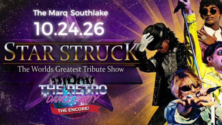 Promotional event poster for The Retro Dance Party: The Encore, featuring Star Struck — The World's Greatest Tribute Show — performing live at The Marq Southlake on October 24, 2026. Against a dramatic purple and gold starburst background, tribute performers portray iconic 90s artists including Michael Jackson, Prince, and Kurt Cobain, with the event logo centered in bold retro typography.