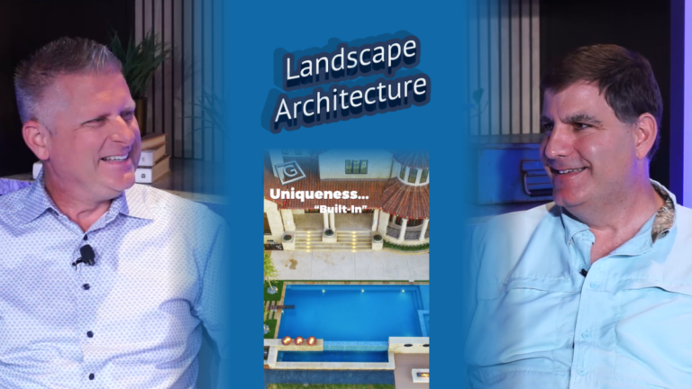 Jason Osterberger of Osterberger Design Group on the podcast set of Uniqueness... "Built-In" with Mike Garabedian. Text overlay that says "Landscape Architecture" with a blue background and a photo of a Lakeside Villa Estate built in Westlake.