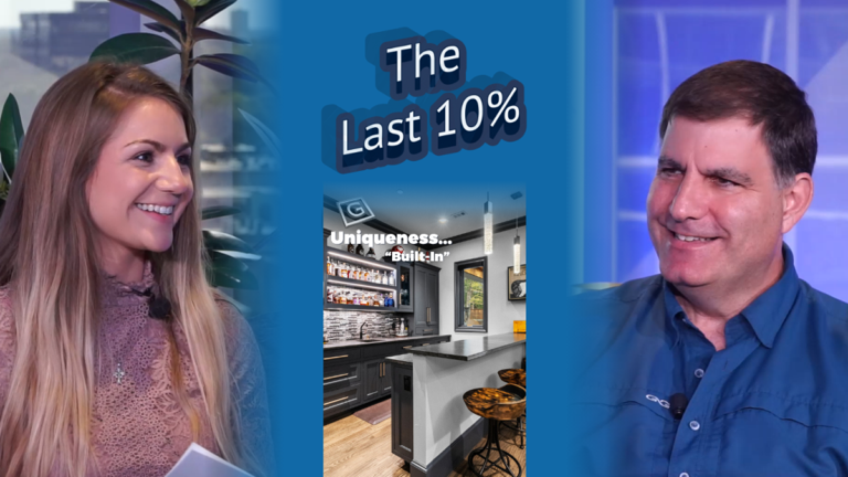 Cover photo for "The Last 10%" a podcast about the last 10% in the homebuilding process featuring a custom bar with tiled backsplash and Mike Garabedian on the podcast set of Uniqueness... "Built-In".