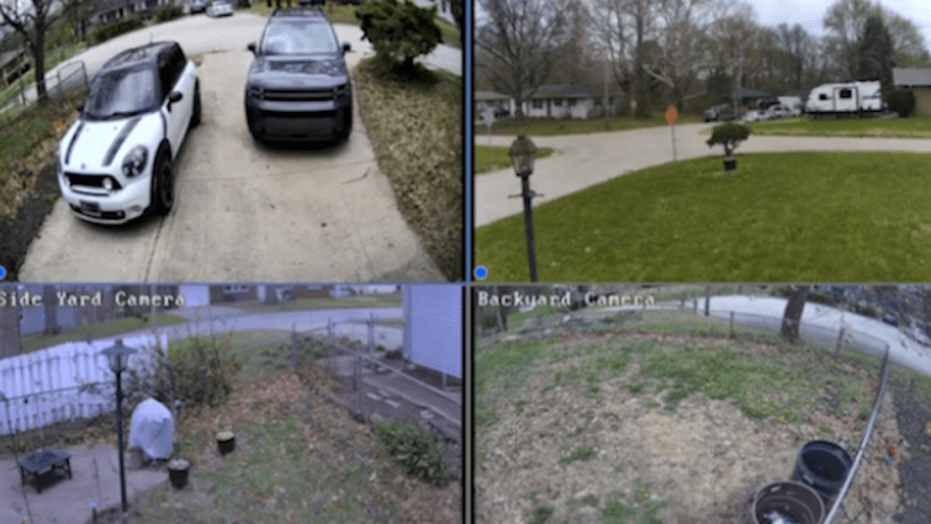 Four-quadrant home security camera feed showing a driveway with two parked vehicles, a front yard view of the street, a side yard with a fenced walkway, and a backyard lawn.