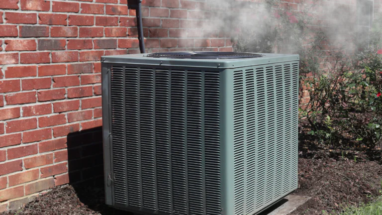 An outdoor air conditioning condenser unit against a red brick exterior wall, with a cloud of white vapor rising from its top fan grille. Rose bushes and greenery surround the unit, with dappled sunlight visible on the brick.