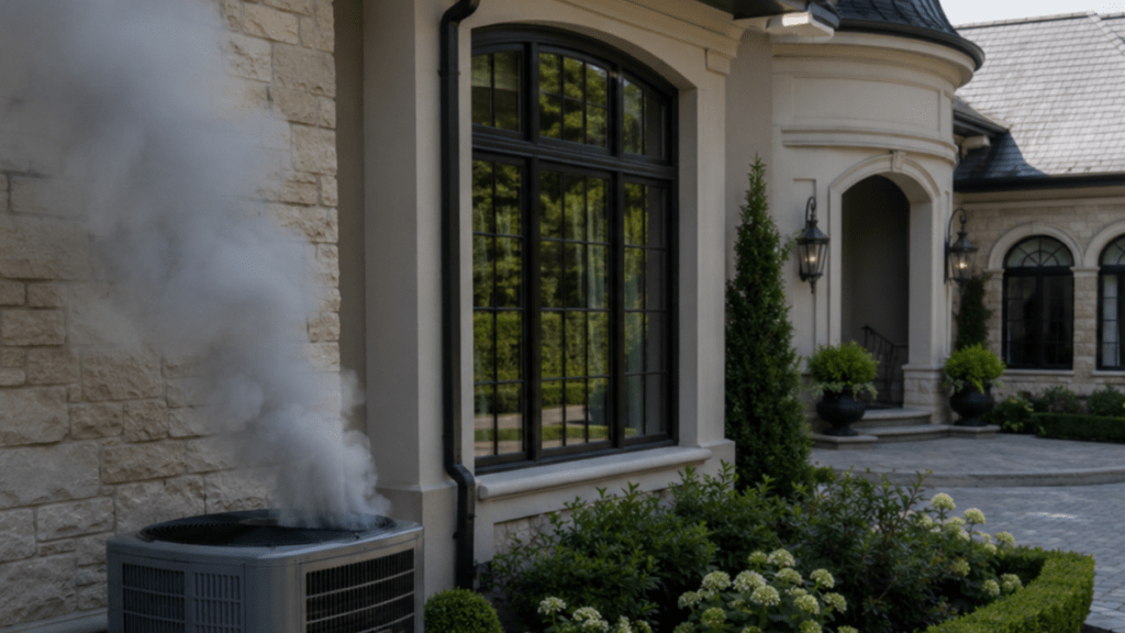 An air conditioning condenser unit beside a stone luxury home, releasing a plume of white vapor from its top vent. An arched black-framed window, lantern sconces, and manicured boxwood and hydrangea shrubs frame the entrance in the background.