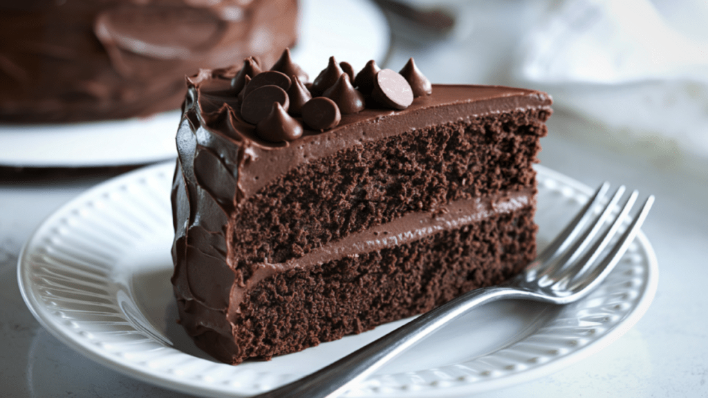 A slice of layered chocolate cake with chocolate frosting between the layers, topped with chocolate kisses and chocolate discs, served on a white plate with a fork.