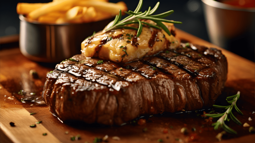 A grilled steak on a wooden cutting board, topped with melted garlic herb butter and a rosemary sprig, with a side of French fries in a metal cup in the background.