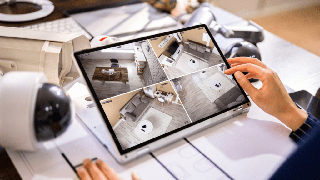 Hand adjusting a tablet displaying a four-camera smart home security feed with overhead views of an office and living room spaces, each labeled and actively recording.