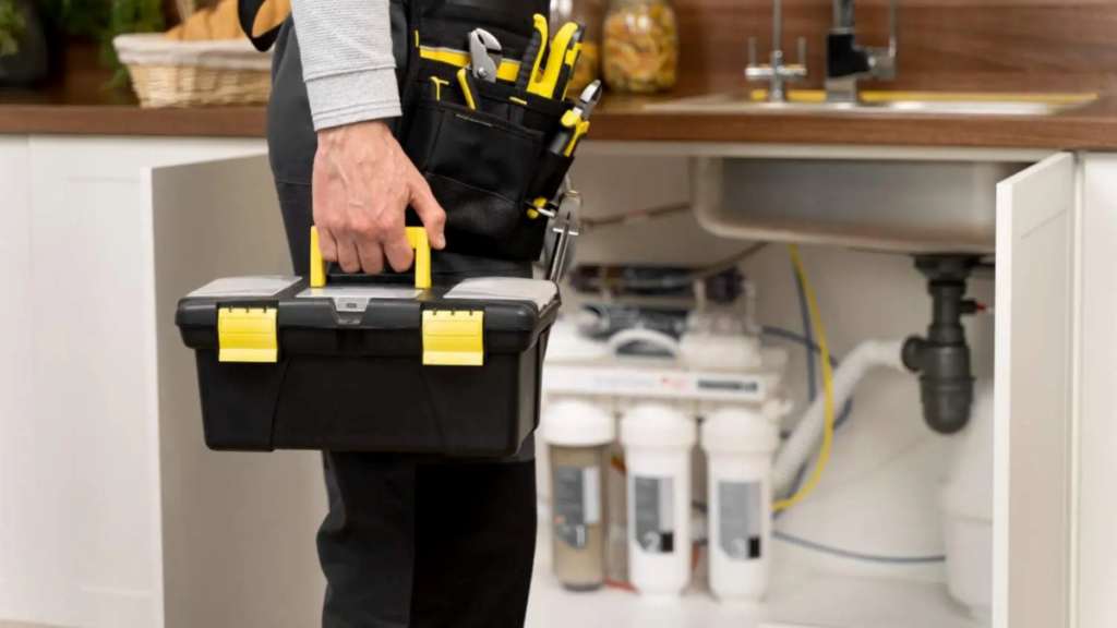 A technician carrying a black and yellow toolbox while wearing a tool belt stocked with pliers and hand tools, standing in front of an open under-sink cabinet housing a multi-stage water filtration system and plumbing connections.