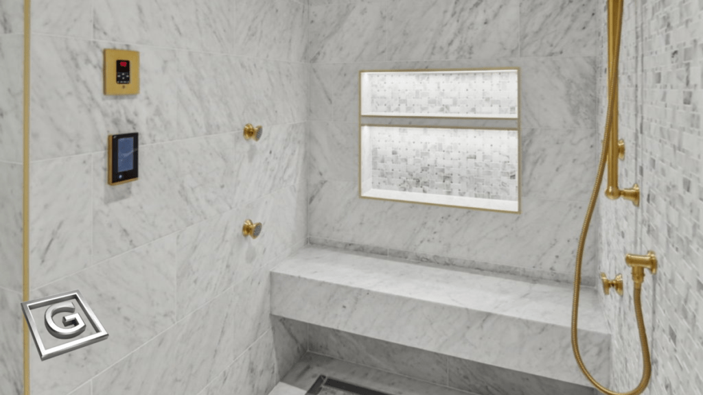 Custom luxury home shower with heater seats and electrical component on the wall.