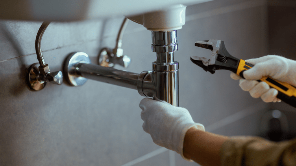 Plumber installing a faucet at a bathroom vanity during the fixture stage of a custom home build.