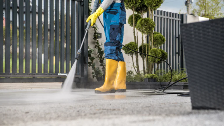 Worker power washing a concrete driveway beside an iron entry gate and manicured hedges as part of annual exterior home maintenance.