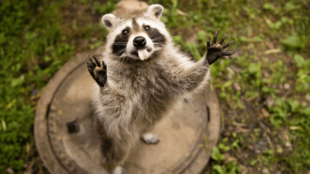 Raccoon standing upright on a manhole cover with both front paws raised and tongue out, surrounded by grass.