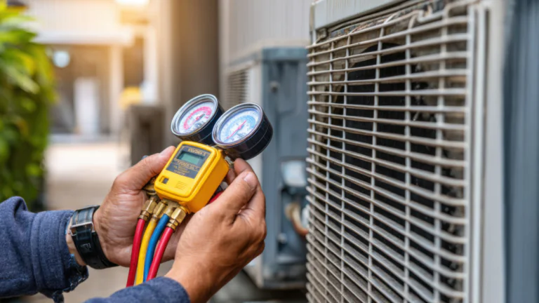 Close-up of a technician’s hands holding a yellow manifold gauge set with red and blue hoses, taking pressure readings on an outdoor air conditioning condenser unit.
