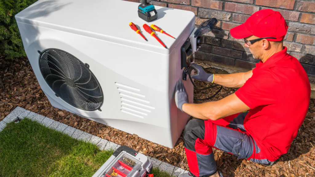 Technician in a red uniform and cap kneeling beside a white heat pump unit outdoors, connecting wiring at an electrical access panel, with screwdrivers and a drill resting on top of the unit.