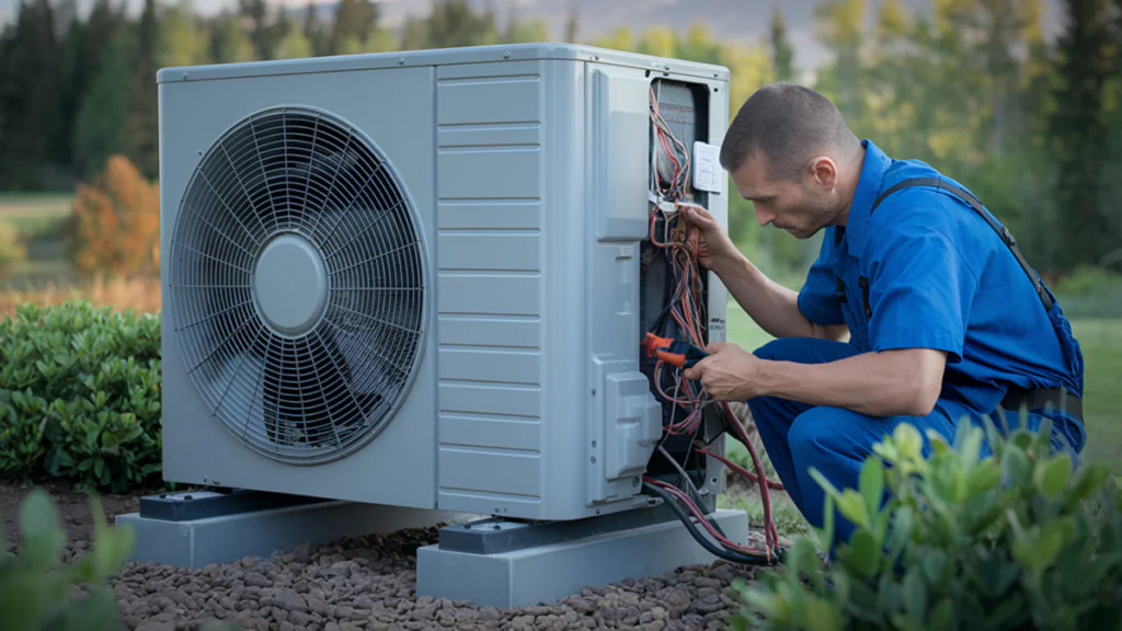 Technician in blue coveralls crouched beside an outdoor heat pump unit, working on exposed wiring inside an open electrical panel, with trees and shrubs in the background.