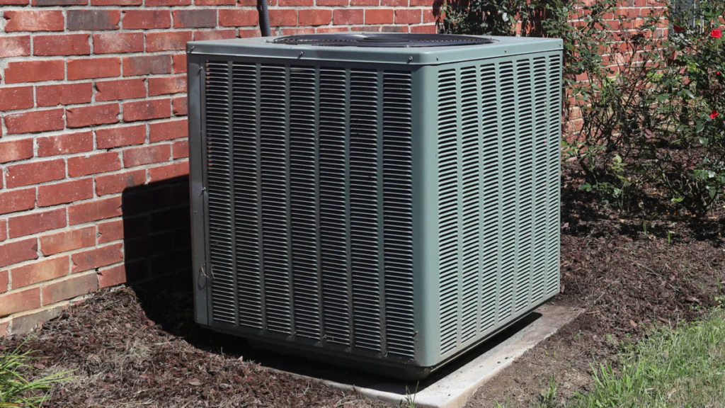 Weathered gray outdoor air conioning condenser unit positioned against a red brick wall, surrounded by mulch and a rose bush.